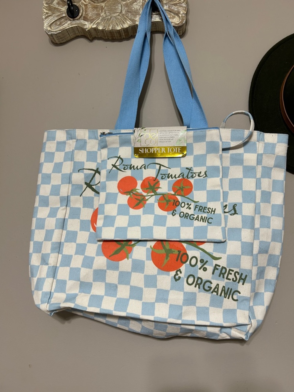 Roma Tomatoes Blue Check Canvas Shopper Tote